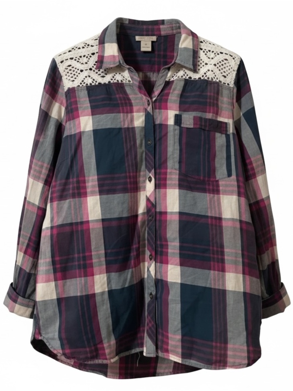 Lucky Brand Boho Plaid Button Down Shirt with Crochet Lace Detail - Size XL